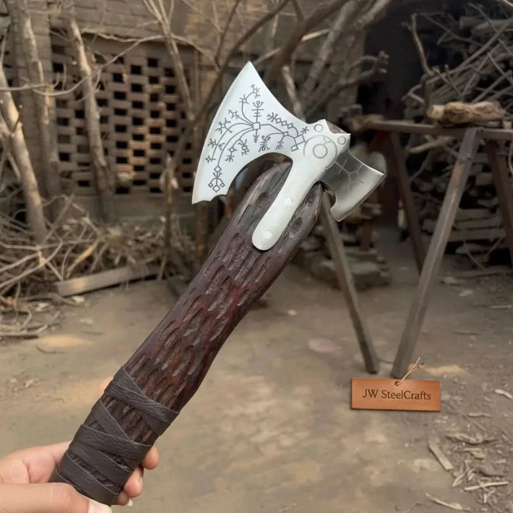 Engraved Leviathan Axe Replica with Carved Wood Handle