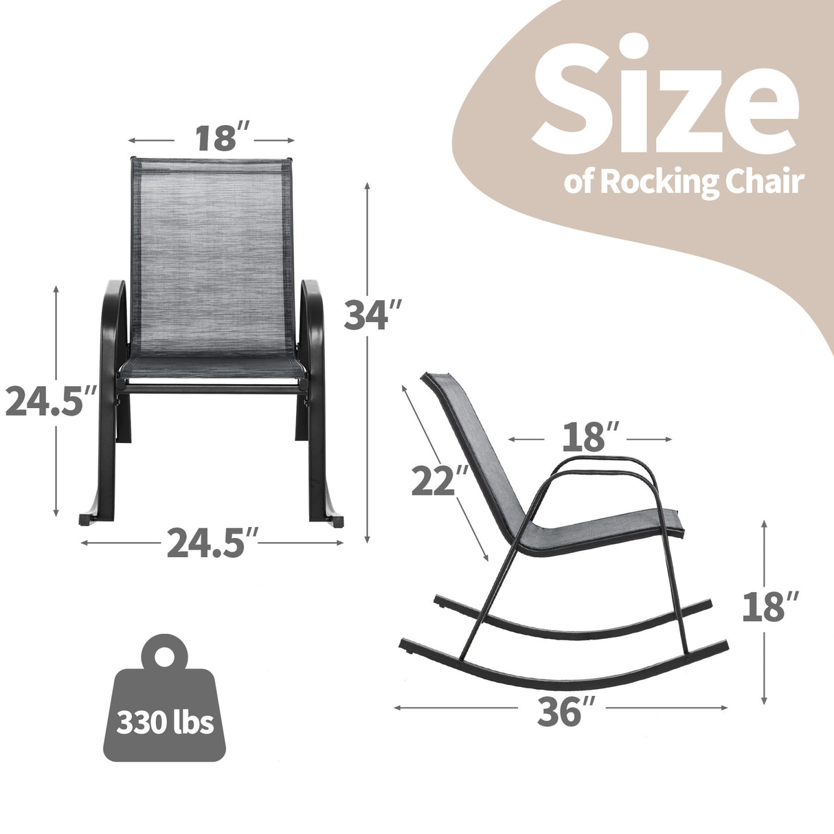 Set of 2 Metal Patio Rocking Chair with Breathable Seat Fabric-Gray