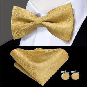 Green Color Silk Butterfly Pre-Tied Bow Tie Pocket Square Cufflinks Suit Set For Men Silk Adjustable Self Bowtie Formal Bowtie Set