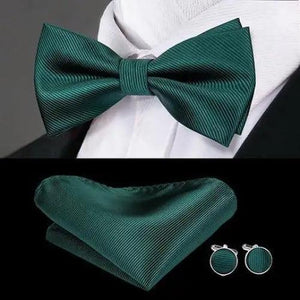 Green Color Silk Butterfly Pre-Tied Bow Tie Pocket Square Cufflinks Suit Set For Men Silk Adjustable Self Bowtie Formal Bowtie Set