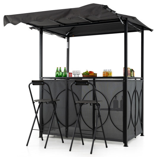 Grill Gazebo with Awning 3-Piece Outdoor BBQ Canopy Double-Tier Soft Top Barbecue Shelter-Gray