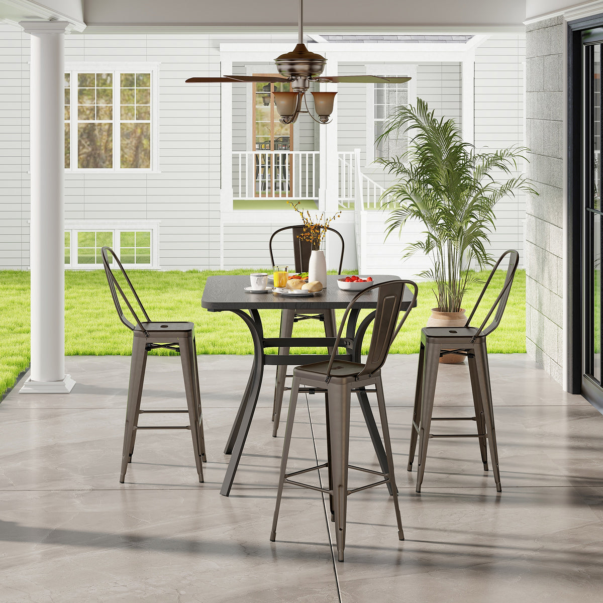 Set of 4 Bar Height Chairs Stackable Metal Bar Stools with Removable Backrest-Gun