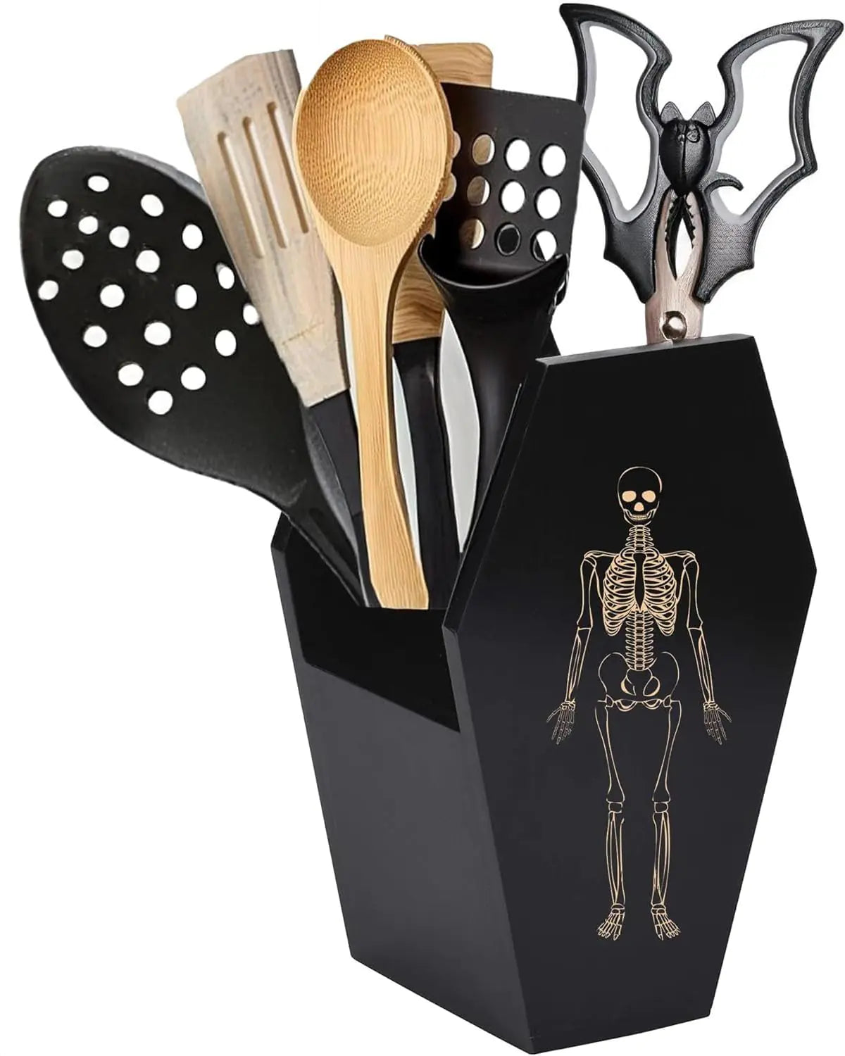Large Capacity Skeleton Coffin Utensil Holder Goth Accessories Halloween Kitchen Horror - Spooky Gothic Kitchen Decor for Bats Spoons Skull Spatulas Quirky Kitchenware Roomy Sturdy Deep Wide Open