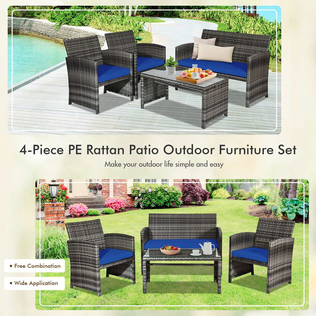 4 Pcs Patio Rattan Furniture Set Top Sofa With Glass Table-White