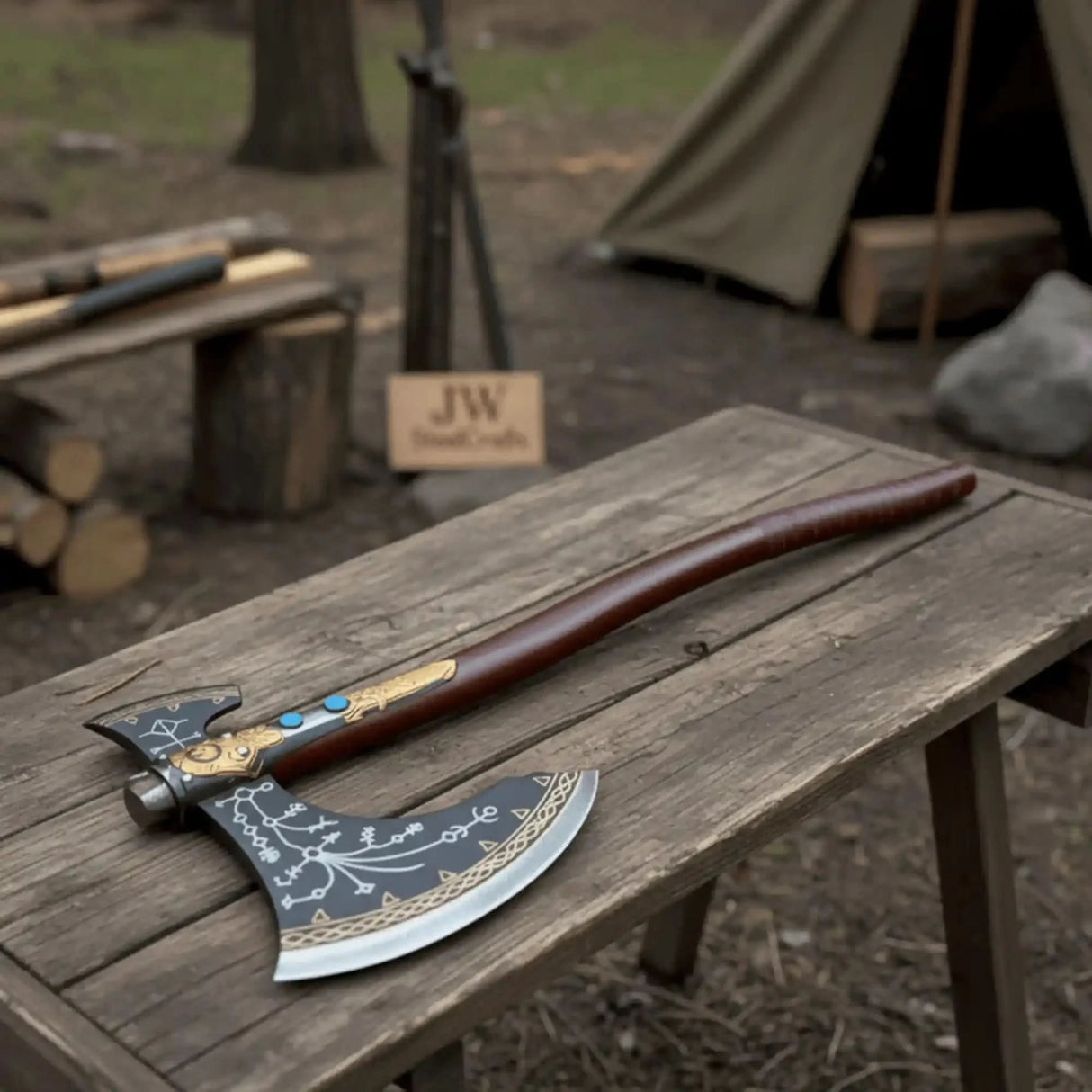 Hand Forged Viking Fantasy Double-Bit Axe with Norse Engraving, Gold Handle Fittings and Blue Gemstone Inlays