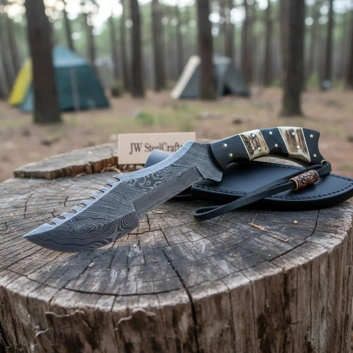 Tracker Knife Damascus Steel Multi Edge Blade With Leather Sheath