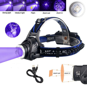 Headlamp Flashlight USB LED Head Rechargeable Light Waterproof Green/Red/UV 395nm Zoomable Headlamp Flashlight Light Outdoor   Waterproof Headlight Led Head Lamp 3 Modes Torch For Camping Hiking Fishing