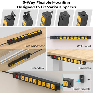 CRST Mountable Long Power Strip, 8 Outlets or 12 outlets 2100 Joules Surge Protector, Slim Metal Power Bar with 6FT Extension Cord, ETL Listed.