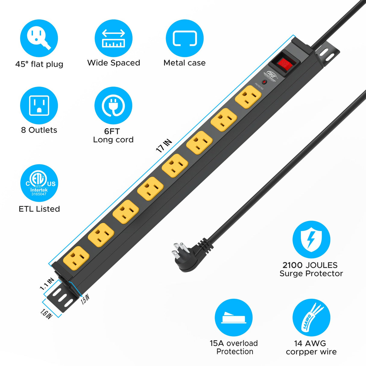 CRST Mountable Long Power Strip, 8 Outlets or 12 outlets 2100 Joules Surge Protector, Slim Metal Power Bar with 6FT Extension Cord, ETL Listed.