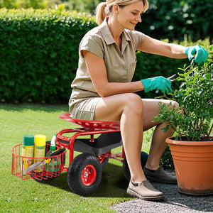 Heavy Duty Garden Cart with Tool Tray and 360 Swivel Seat-Red