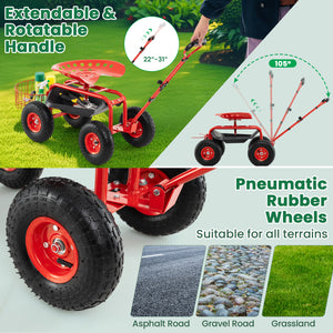 Heavy Duty Garden Cart with Tool Tray and 360 Swivel Seat-Red