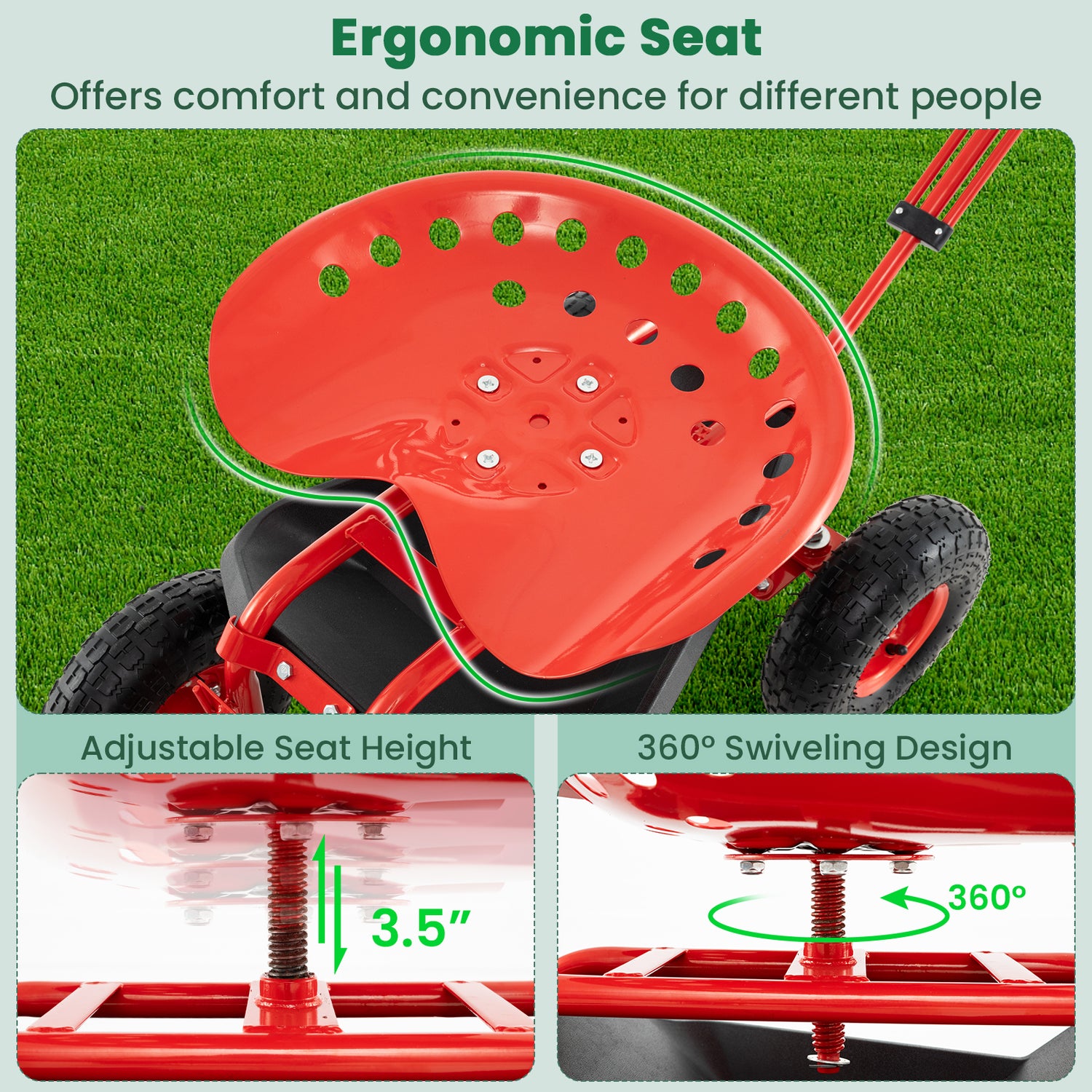Heavy Duty Garden Cart with Tool Tray and 360 Swivel Seat-Red