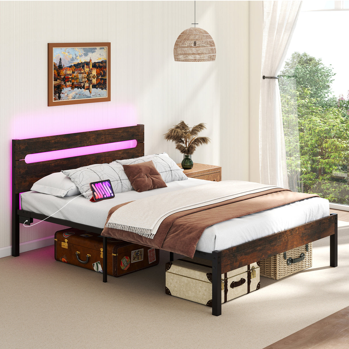 Heavy-Duty Metal Slats Support Bed Platform with Charging Station-Rustic Brown