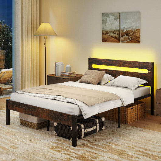 Heavy-Duty Metal Slats Support Bed Platform with Charging Station-Rustic Brown