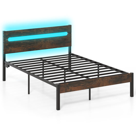 Heavy-Duty Metal Slats Support Bed Platform with Charging Station-Rustic Brown