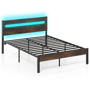 Heavy-Duty Metal Slats Support Bed Platform with Charging Station-Rustic Brown
