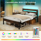 Heavy-Duty Metal Slats Support Bed Platform with Charging Station-Rustic Brown