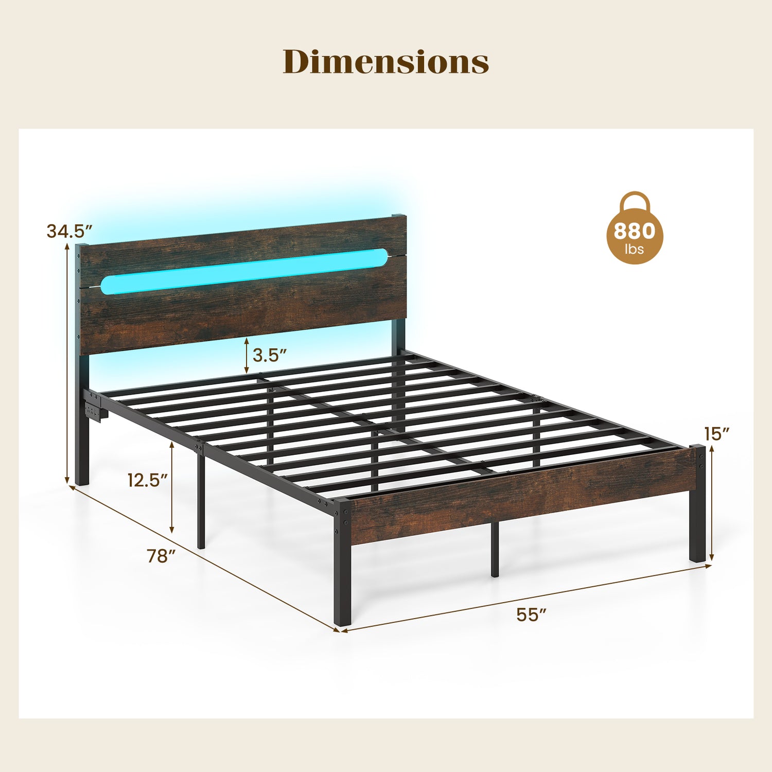 Heavy-Duty Metal Slats Support Bed Platform with Charging Station-Rustic Brown
