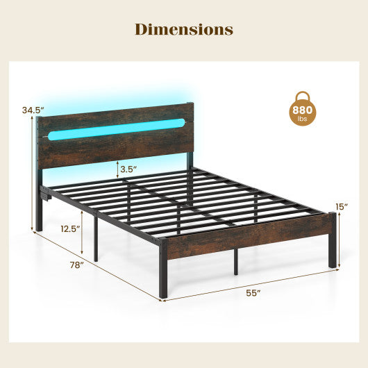 Heavy-Duty Metal Slats Support Bed Platform with Charging Station-Rustic Brown