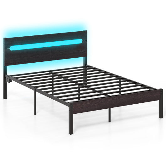 Heavy-Duty Metal Slats Support Bed Platform with Charging Station-Walunt