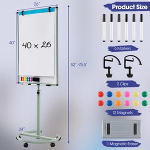 Height-Adjustable Mobile Whiteboard with Round Stand Paper Clips-Green