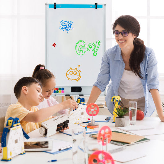 Height-Adjustable Mobile Whiteboard with Round Stand Paper Clips-White