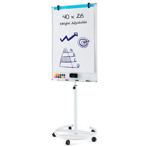 Height-Adjustable Mobile Whiteboard with Round Stand Paper Clips-White