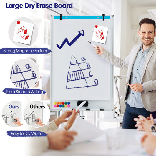 Height-Adjustable Mobile Whiteboard with Round Stand Paper Clips-White