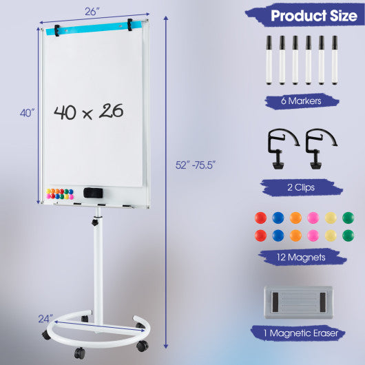 Height-Adjustable Mobile Whiteboard with Round Stand Paper Clips-White