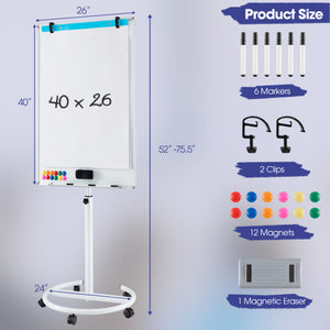 Height-Adjustable Mobile Whiteboard with Round Stand Paper Clips-White