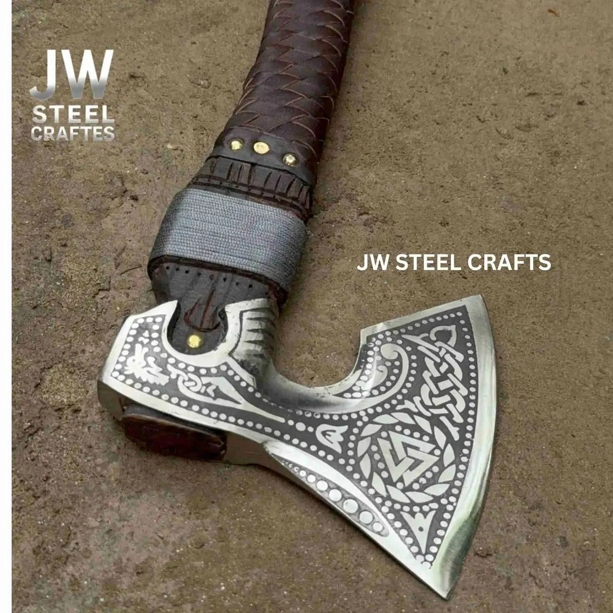 Engraved Norse Valknut Hatchet with Braided Leather Handle
