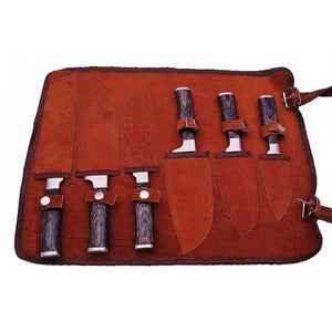 6-Piece Ladder Pattern Damascus Knife Set with Black Wood Handles and Steel Bolsters