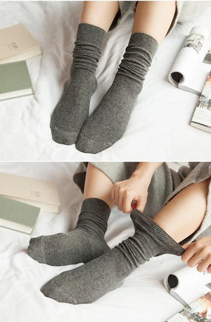 High School Girls High Socks Solid Colors Double Needles Knitting Cotton Long Socks for Women