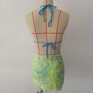 High Waist Mesh Skirt Swimsuit Triangle Micro Bikini Set 3-Piece High Cut Swimwear Women's Bikini Swimsuits With Wrap Skirt, 3 Pieces Strings High Cut Bikini Set Bathing Suits Women Vintage Print Bathing Suit