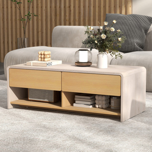 Home Coffee Table with 2 Drawers and 2 Storage Shelf-White & Natural