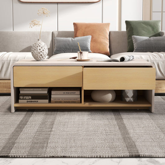 Home Coffee Table with 2 Drawers and 2 Storage Shelf-White & Natural