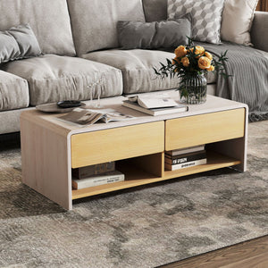 Home Coffee Table with 2 Drawers and 2 Storage Shelf-White & Natural