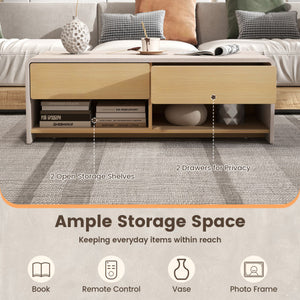 Home Coffee Table with 2 Drawers and 2 Storage Shelf-White & Natural