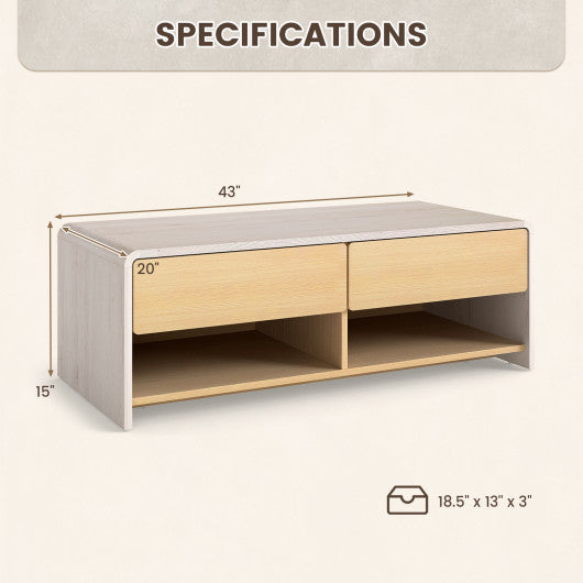 Home Coffee Table with 2 Drawers and 2 Storage Shelf-White & Natural