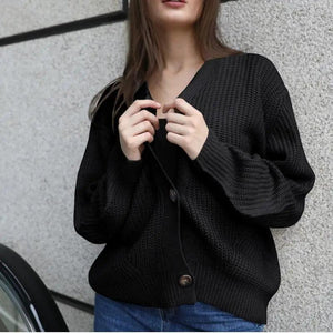 Hot Look Stylish Women's Knitted Cardigans Sweater Fashionable Autumn Long Sleeve Loose Coat Casual Button Thick V Neck Solid Female Tops