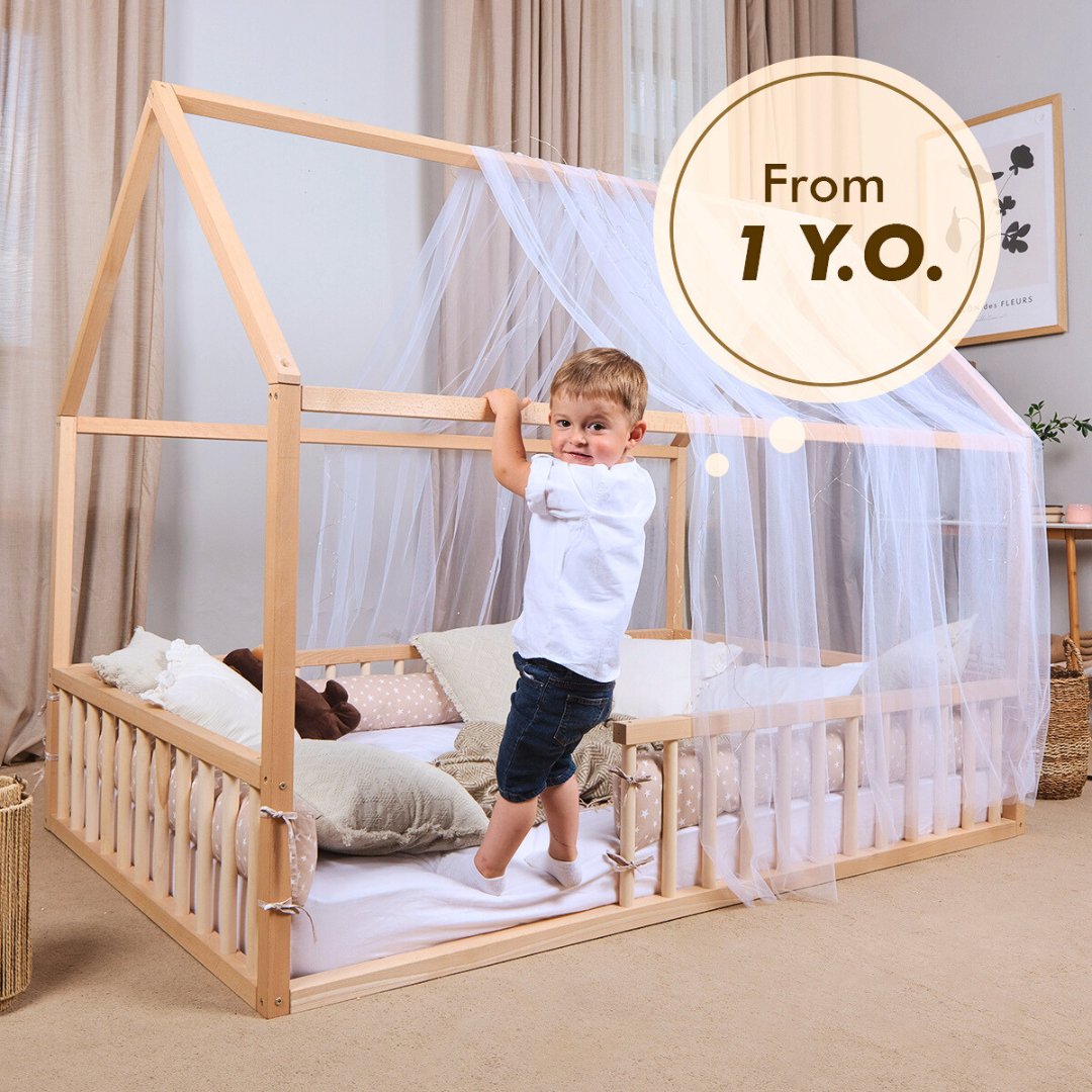 Montessori House Bed for Kids with Fence
