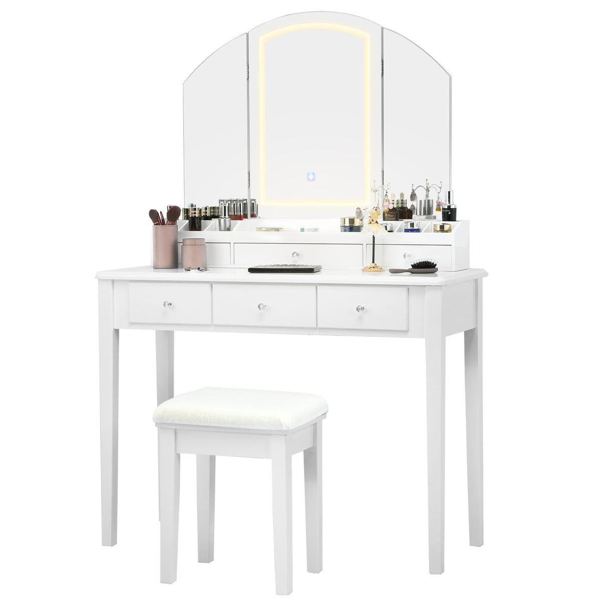 Vanity Table Stool Set with Large Tri-folding Lighted Mirror-Black
