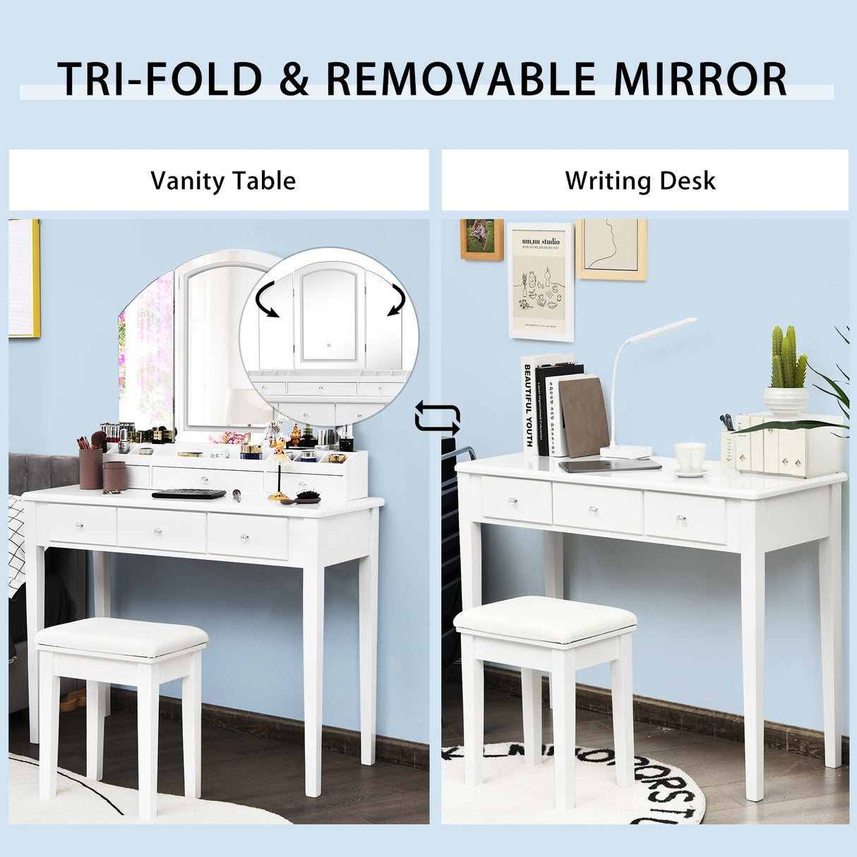 Vanity Table Stool Set with Large Tri-folding Lighted Mirror-Black