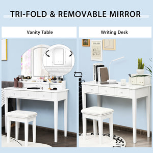Vanity Table Stool Set with Large Tri-folding Lighted Mirror-Black