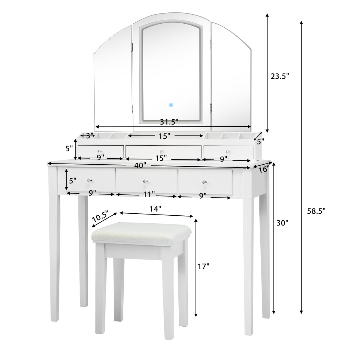 Vanity Table Stool Set with Large Tri-folding Lighted Mirror-Black