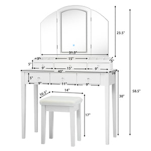 Vanity Table Stool Set with Large Tri-folding Lighted Mirror-Black
