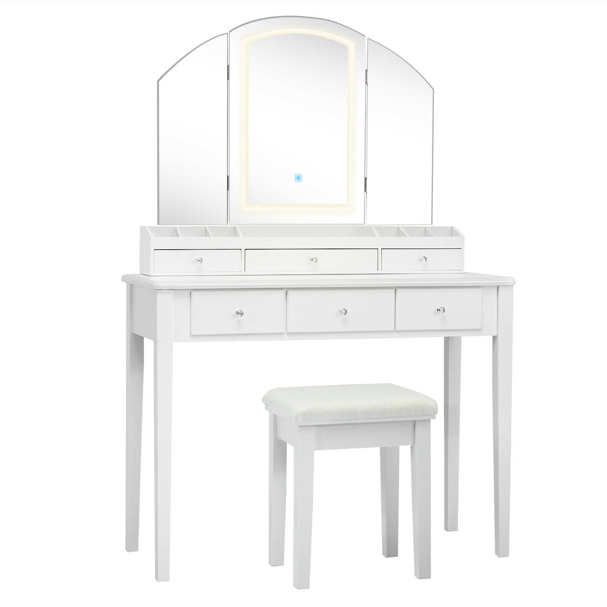 Vanity Table Stool Set with Large Tri-folding Lighted Mirror-Black
