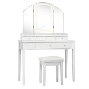 Vanity Table Stool Set with Large Tri-folding Lighted Mirror-Black