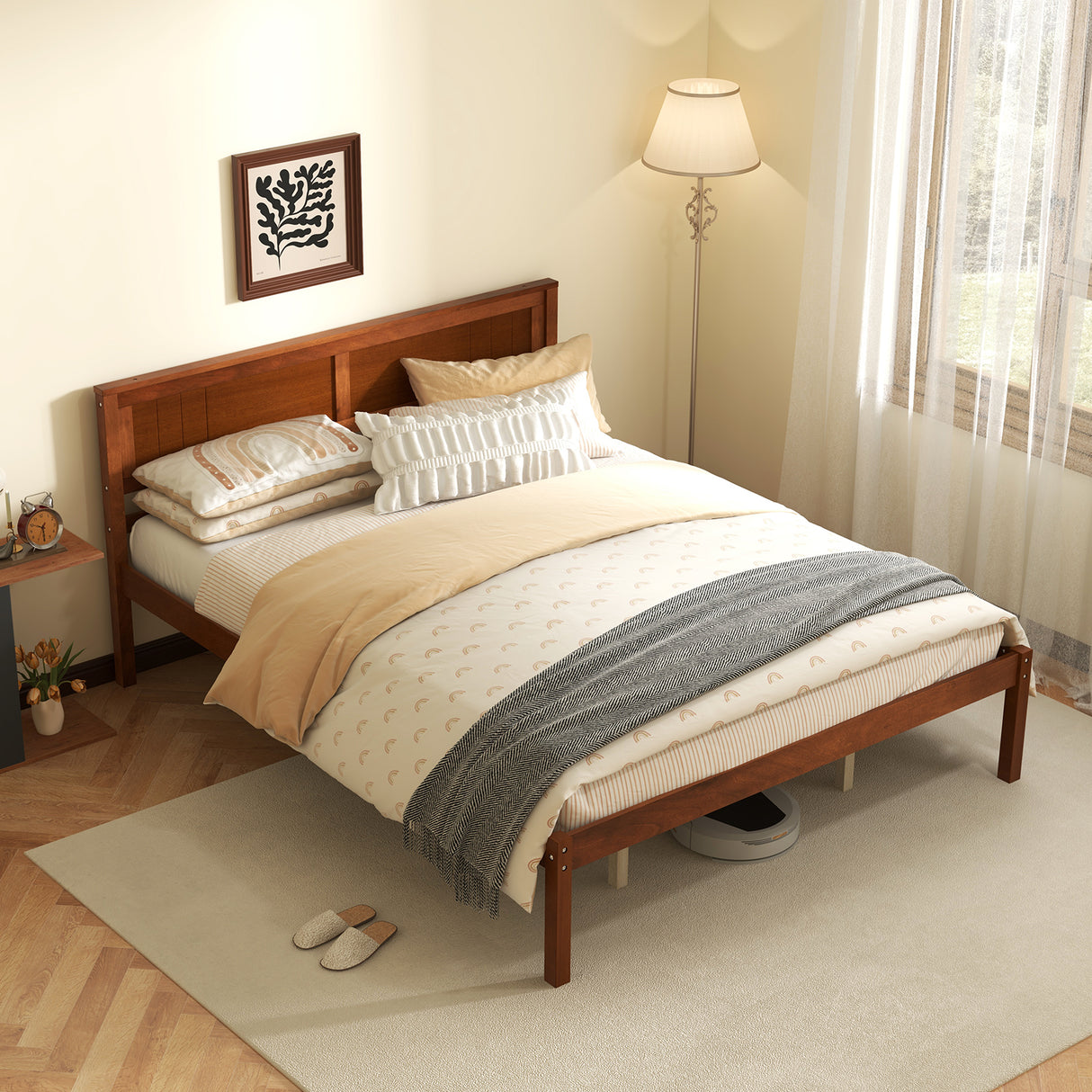 Twin/Full/Queen Size Bed Frame with Wooden Headboard and Slat Support-Queen Size