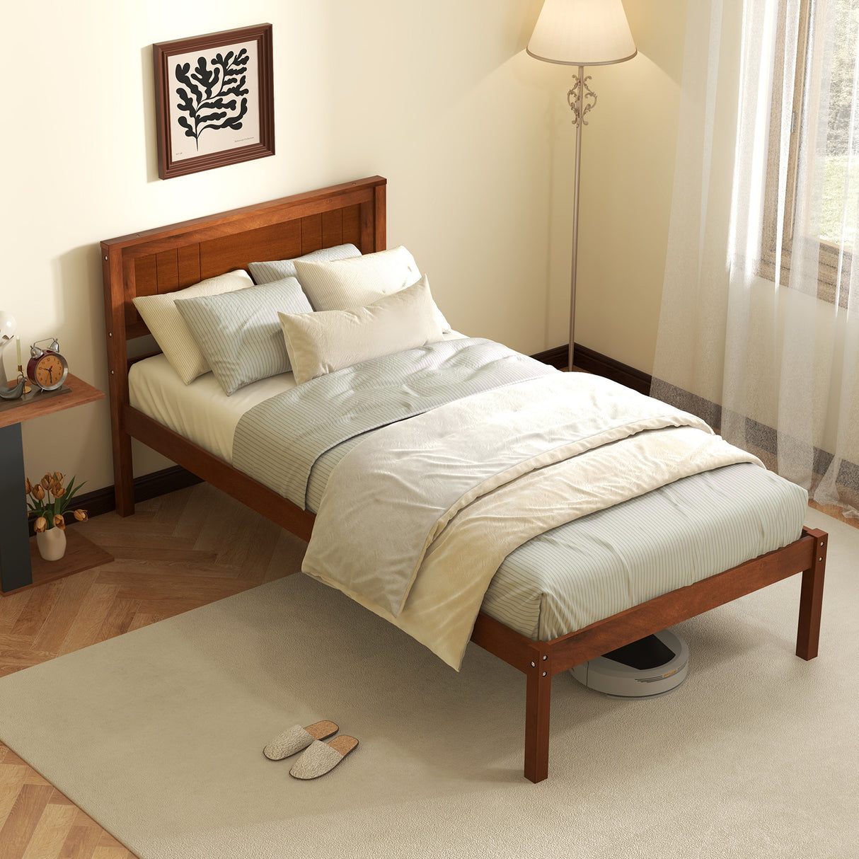 Twin/Full/Queen Size Bed Frame with Wooden Headboard and Slat Support-Twin Size